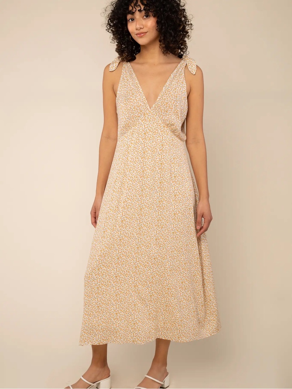 Cottage Core Tie-Shoulder V-Neck Midi Dress in Cream Floral nlt size 3XL